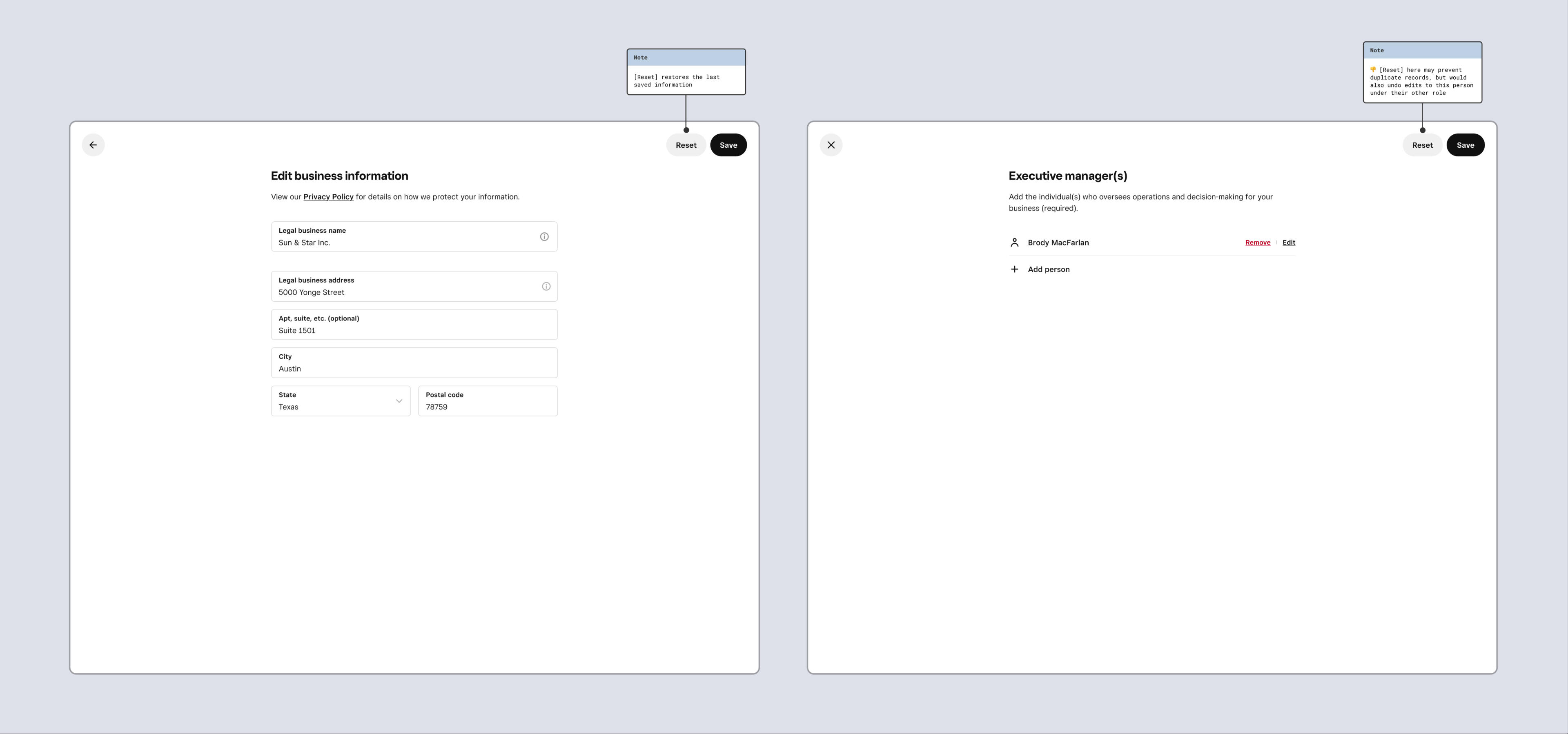 Earlier designs in edit flow with reset functionality